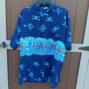 HAPPY BAY Men's Blue Pirate Skull Button-Up Shirt L